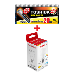 Αλκαλικές Μπαταρίες TOSHIBA LR03 AΑA (20 Τεμάχια) + Λαμπτήρας LED TOSHIBA E27 A60 4.7W